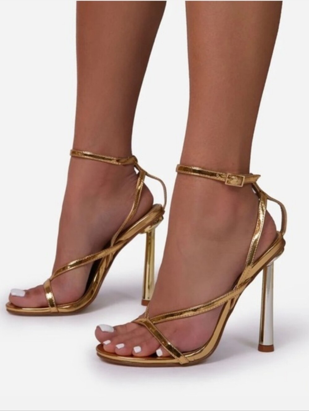 Gold Metallic Strappy Stiletto Sandals with Ankle Buckle